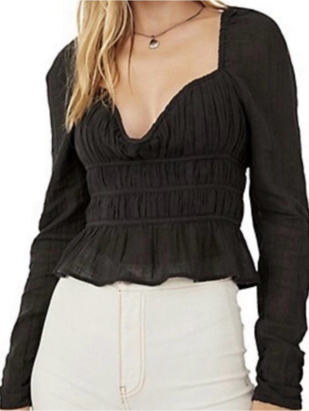 Free People Chloe Black Long-Sleeve Smocked Peasant Top - Size Medium